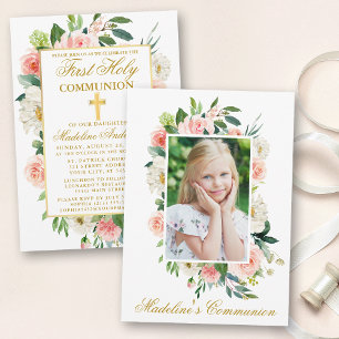 Invitation Aquarelle rose blanc floral Communion