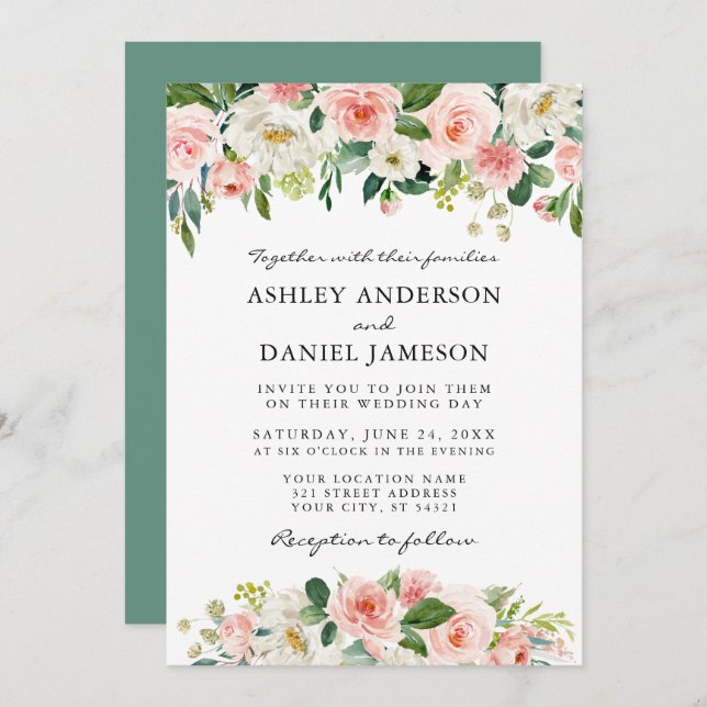 Invitation Aquarelle rose Blanc Floral Mariage (Devant / Derrière)