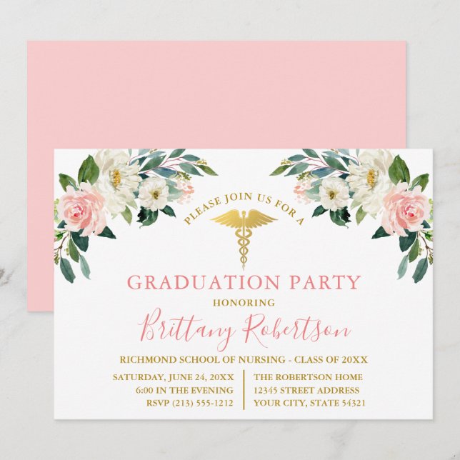 Invitation Aquarelle rose blanc Floral Médicale Grad Party (Devant / Derrière)