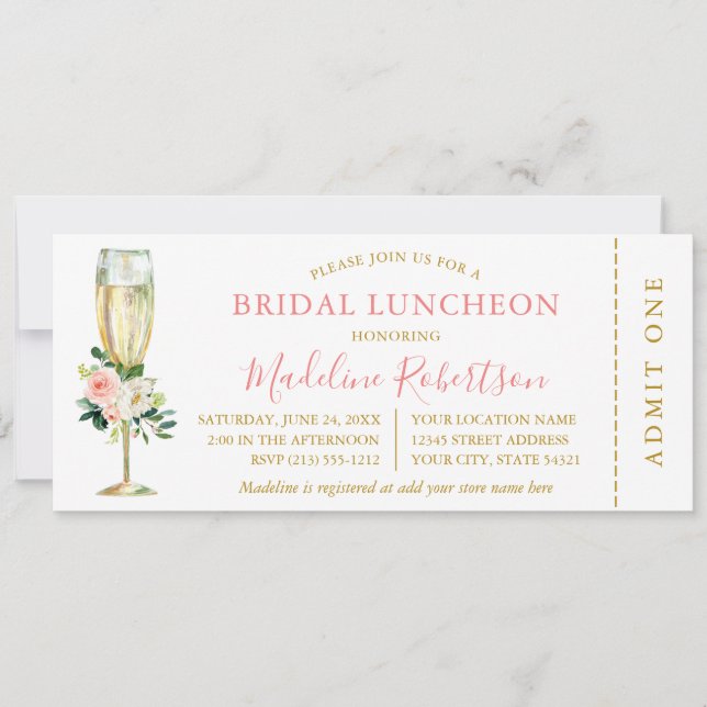 Invitation Aquarelle rose blanc floral nuptiale billet déjeun (Devant)