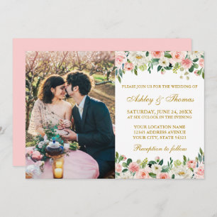 Invitation Aquarelle rose blanc floral or Mariage photo