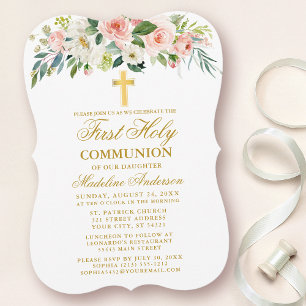 Invitation Aquarelle rose blanc floral or première communion