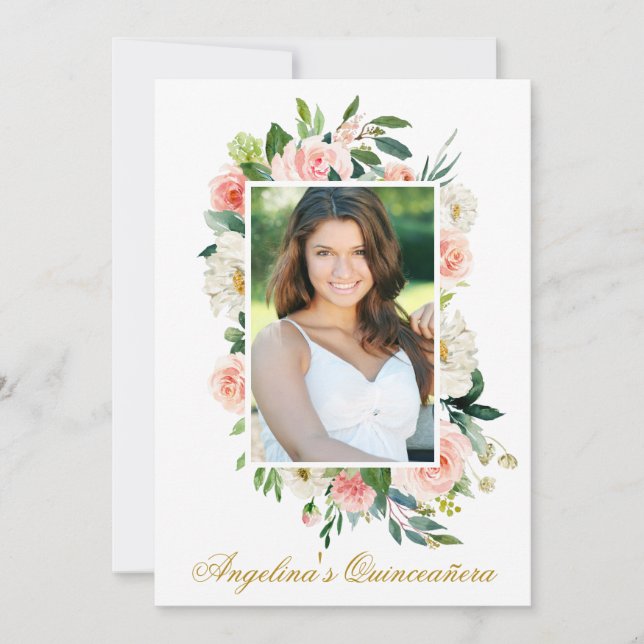 Invitation Aquarelle rose blanc floral photo Quinceanera (Devant)