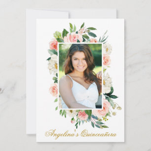 Invitation Aquarelle rose blanc floral photo Quinceanera