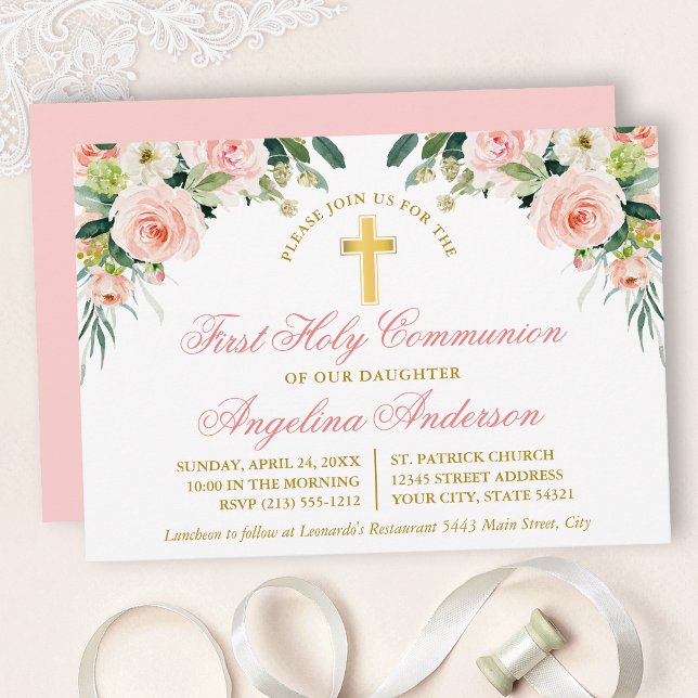 Invitation Aquarelle rose blanc Floral Première Communion Or (Customize to change text color, size, style or to change color of back of card.)