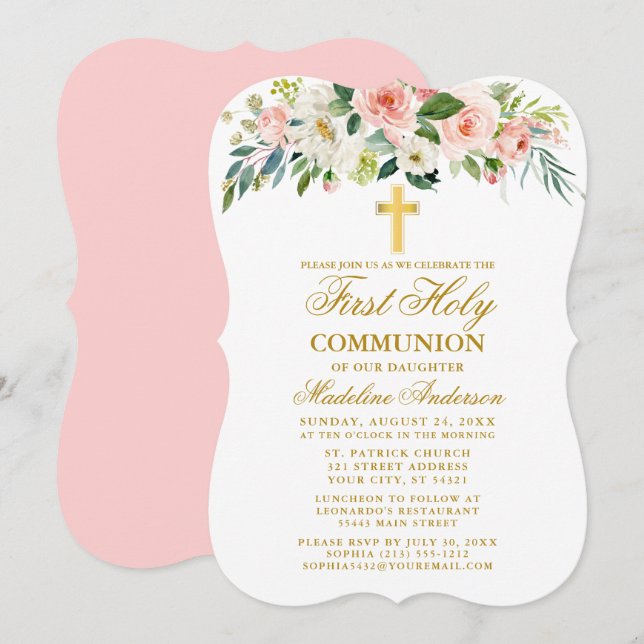 Invitation Aquarelle rose blanc Floral Première Communion Or (Devant / Derrière)