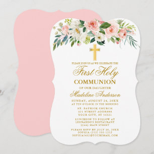 Invitation Aquarelle rose blanc Floral Première Communion Or
