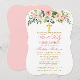 Invitation Aquarelle rose blanc Floral première communion ros