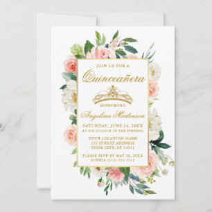 Invitation Aquarelle rose blanc Floral Quinceanera Or