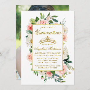 Invitation Aquarelle rose blanc Floral Quinceanera Photo