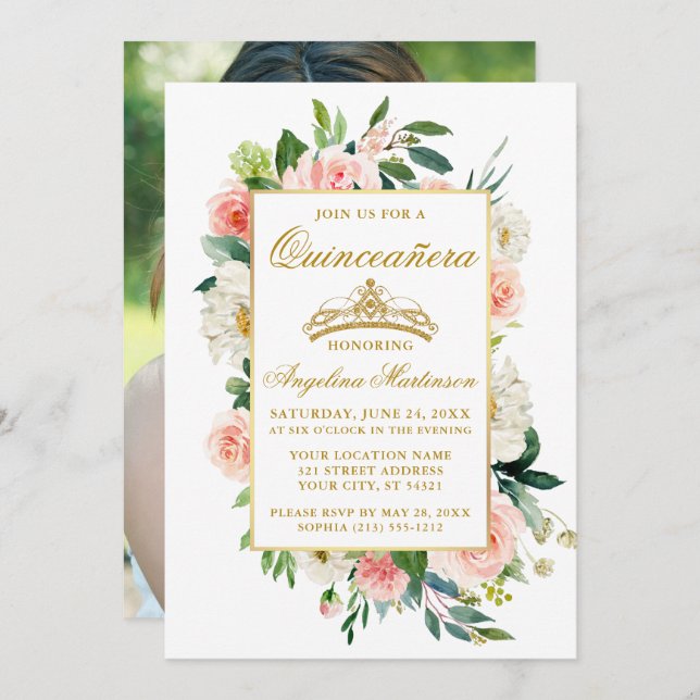 Invitation Aquarelle rose blanc Floral Quinceanera Photo (Devant / Derrière)