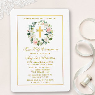 Invitation Aquarelle Rose Blanc Floral Wreath Gold Communion