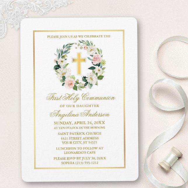 Invitation Aquarelle Rose Blanc Floral Wreath Gold Communion (Customize to change text color, size, style or to add photos or more text to back of card.)