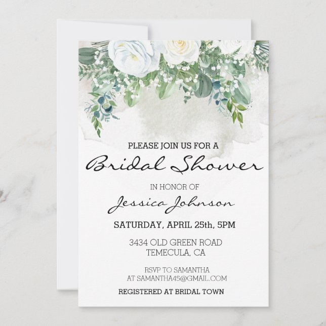 Invitation Aquarelle Rose blanche Eucalyptus Bouquet floral (Devant)