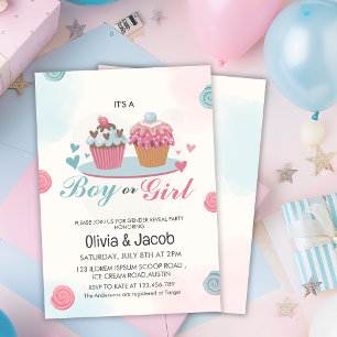 Invitation Aquarelle rose bleu cupcake sexe révéler la fête