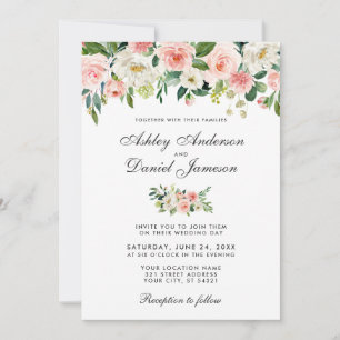 Invitation Aquarelle rose bleu et blanc Mariage floral