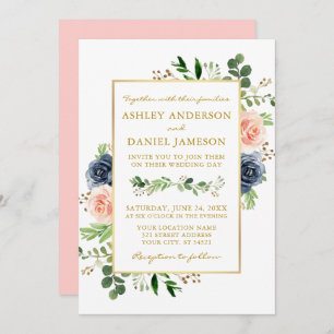 Invitation Aquarelle rose bleu foncé Rose Mariage or