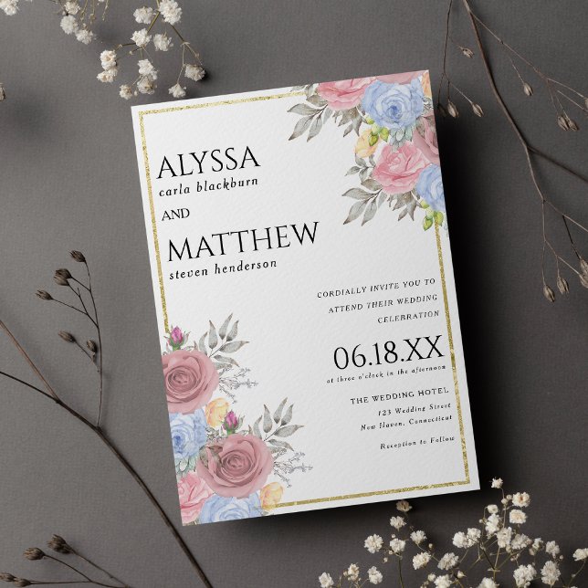 Invitation Aquarelle rose bleu or pays mariage floral (Watercolor pink blue gold country floral wedding invitation )