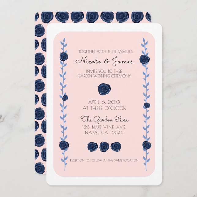 Invitation Aquarelle rose bleu Rose Vines Cottage Mariage (Devant / Derrière)