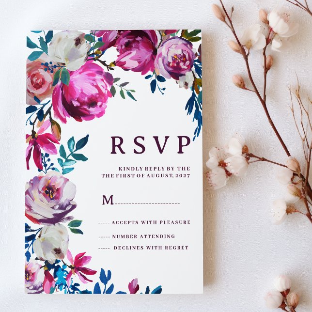 Invitation Aquarelle rose bleu violet blanc floral RSVP (Watercolor pink blue purple white floral RSVP)