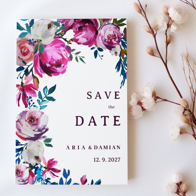 Invitation Aquarelle rose bleu violet fleuri Enregistrer la d (Watercolor pink blue purple floral Save the Date )