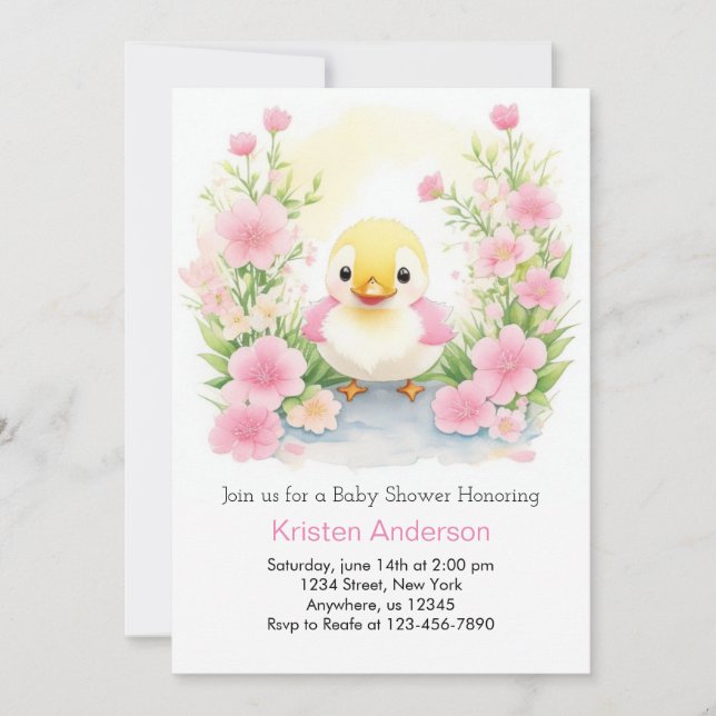 Invitation Aquarelle rose Blissful Duck Girl Baby shower (Devant)