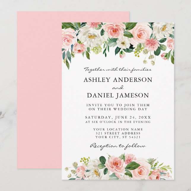 Invitation Aquarelle rose Blush Blanc Floral Élégant Mariage (Devant / Derrière)
