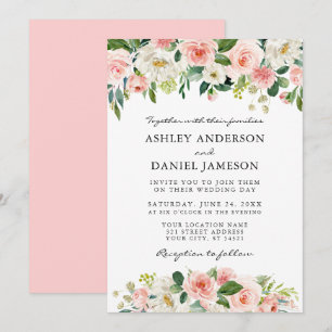 Invitation Aquarelle rose Blush Blanc Floral Élégant Mariage