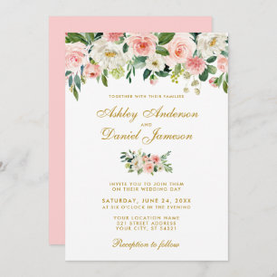 Invitation Aquarelle rose Blush Blanc Floral Mariage Or P