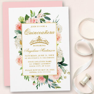 Invitation Aquarelle rose Blush Blanc Floral Quinceanera