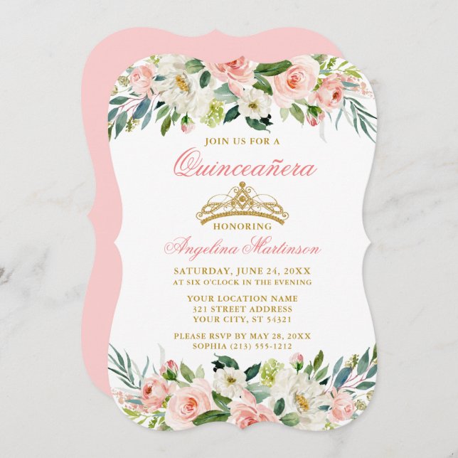 Invitation Aquarelle rose Blush Blanc Floral Quinceanera (Devant / Derrière)