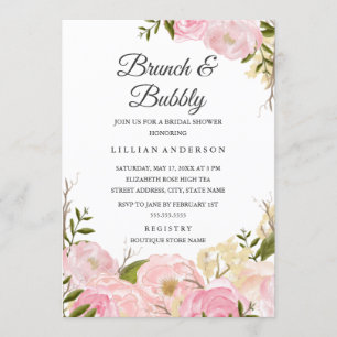 Invitation Aquarelle Rose Blush Brunch Floral Et Bubbly