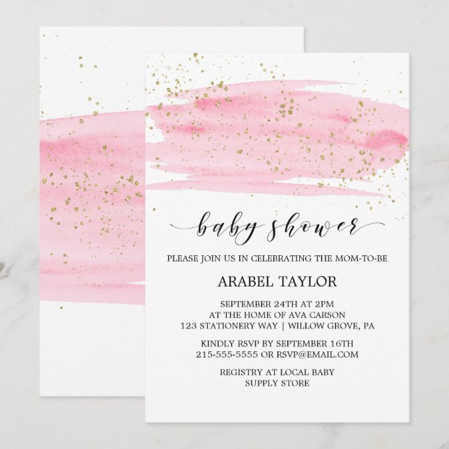 Invitation Aquarelle rose Blush et Baby shower étincelant or (Devant / Derrière)