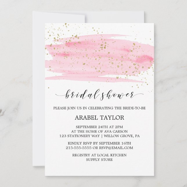 Invitation Aquarelle rose Blush et Fête des mariées étincelan (Devant)