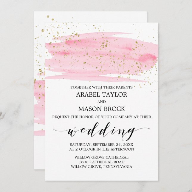 Invitation Aquarelle rose Blush et or Mariage étincelant (Devant / Derrière)