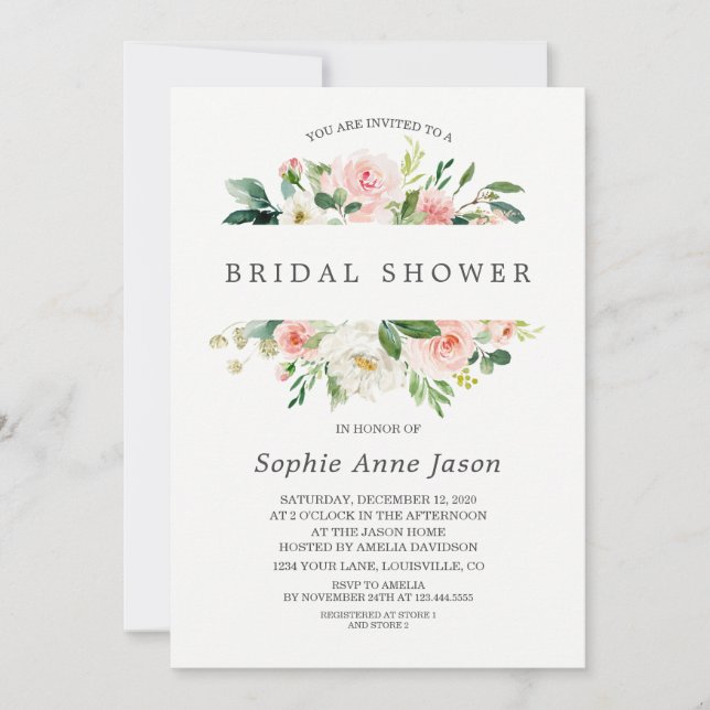 Invitation Aquarelle rose Blush Fête des mariées de cadre de  (Devant)