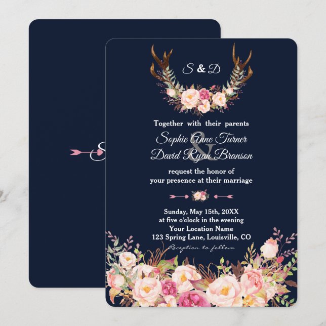 Invitation Aquarelle rose Blush Floral Antlers Mariage de mar (Devant / Derrière)