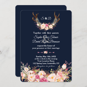 Invitation Aquarelle rose Blush Floral Antlers Mariage de mar
