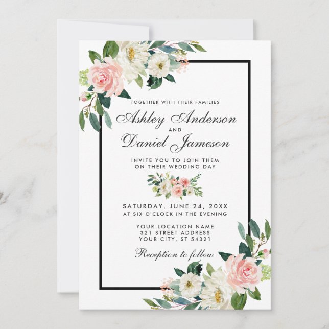 Invitation Aquarelle rose Blush Floral Blanc Mariage (Devant)