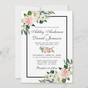 Invitation Aquarelle rose Blush Floral Blanc Mariage