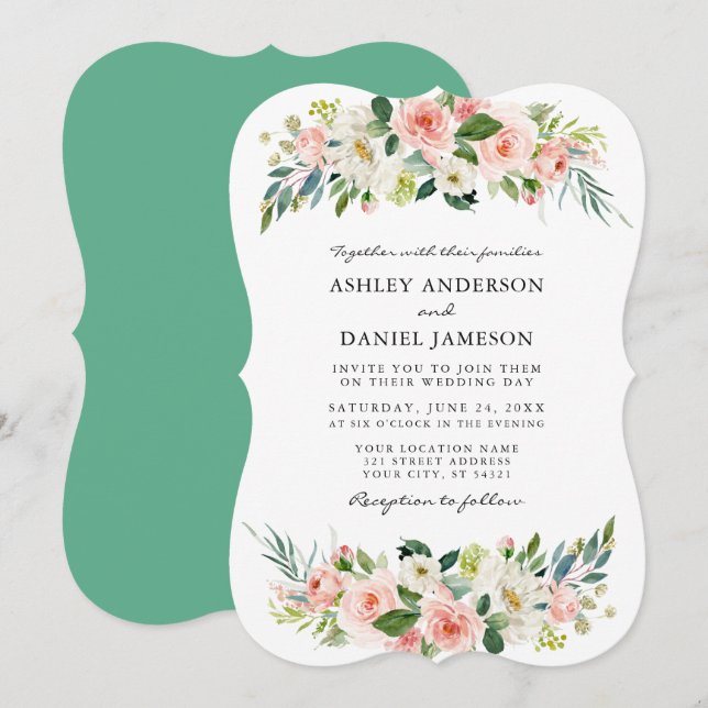 Invitation Aquarelle Rose Blush Floral Elégant Neo Mint (Devant / Derrière)
