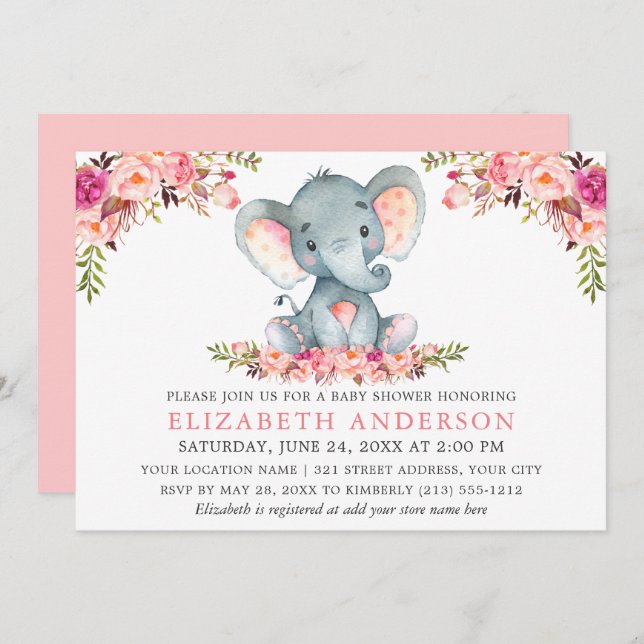 Invitation Aquarelle rose Blush Floral Elephant Baby shower (Devant / Derrière)