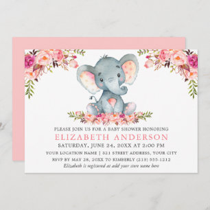 Invitation Aquarelle rose Blush Floral Elephant Baby shower