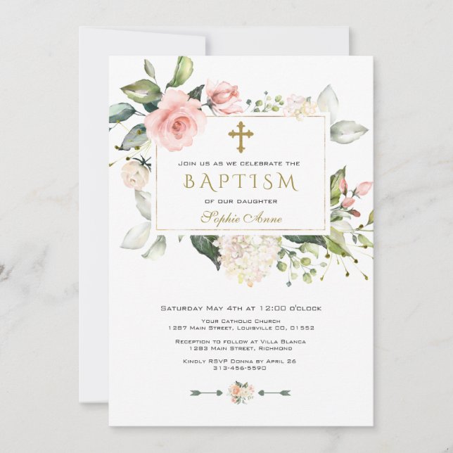 Invitation Aquarelle rose Blush Floral Frame Cross Baptême (Devant)
