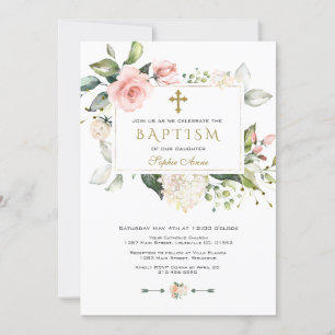 Invitation Aquarelle rose Blush Floral Frame Cross Baptême