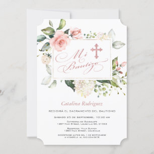 Invitation Aquarelle rose Blush Floral Frame Cross Baptême
