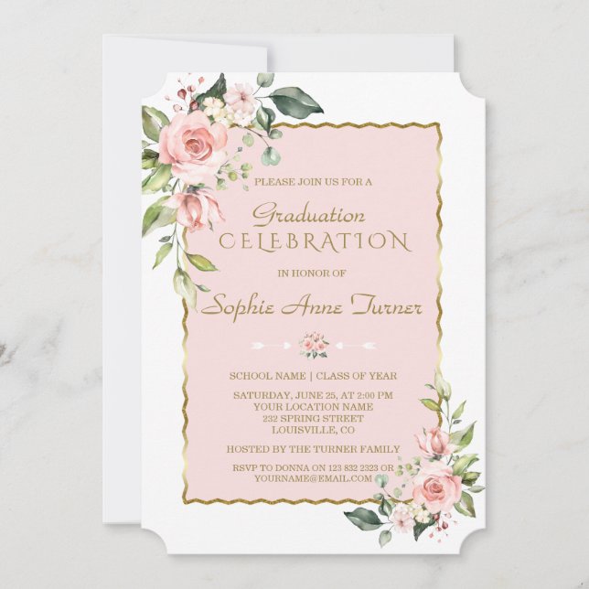 Invitation Aquarelle rose Blush Floral Gold Party (Devant)