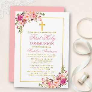 Invitation Aquarelle rose Blush Floral Gold Première communio