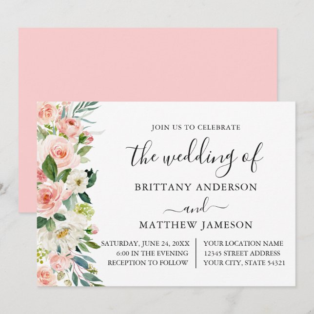 Invitation Aquarelle rose Blush Floral Mariage (Devant / Derrière)