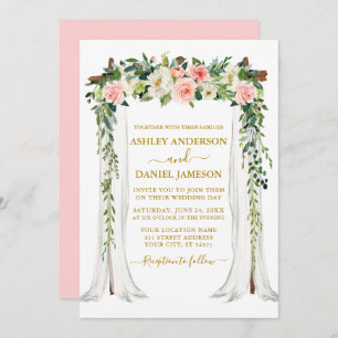 Invitation Aquarelle rose Blush Floral Mariage Canopy Or